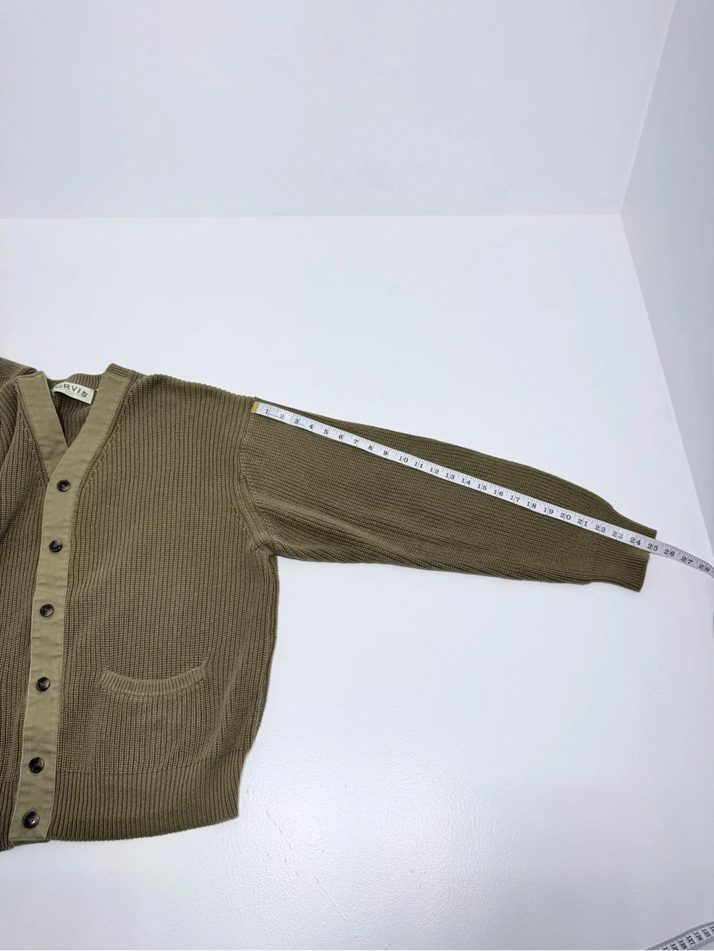 Orvis Men L Olive 100% Cotton V-Neck Rib Knit Cardigan Elbow Patch Button Front